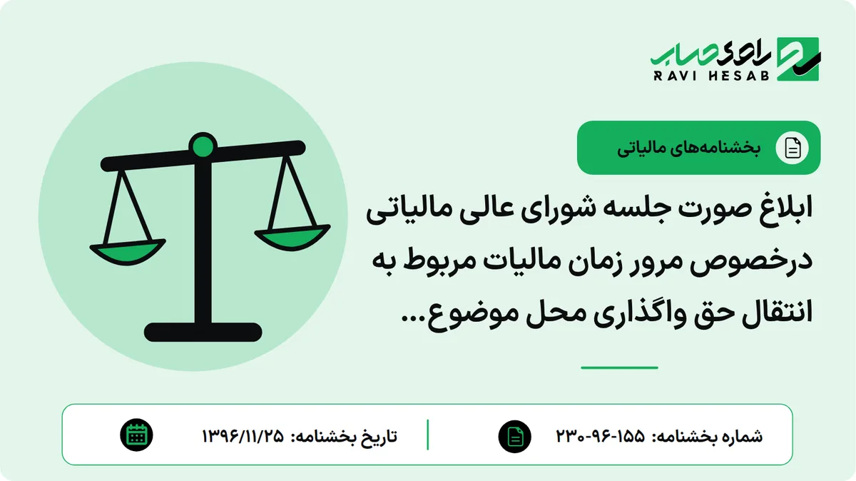 ابلاغ صورت جلسه شورای عالی مالیاتی درخصوص مرور زمان مالیات مربوط به انتقال حق واگذاری محل موضوع تبصره 2 ماده 59 قانون مالیات های مستقیم