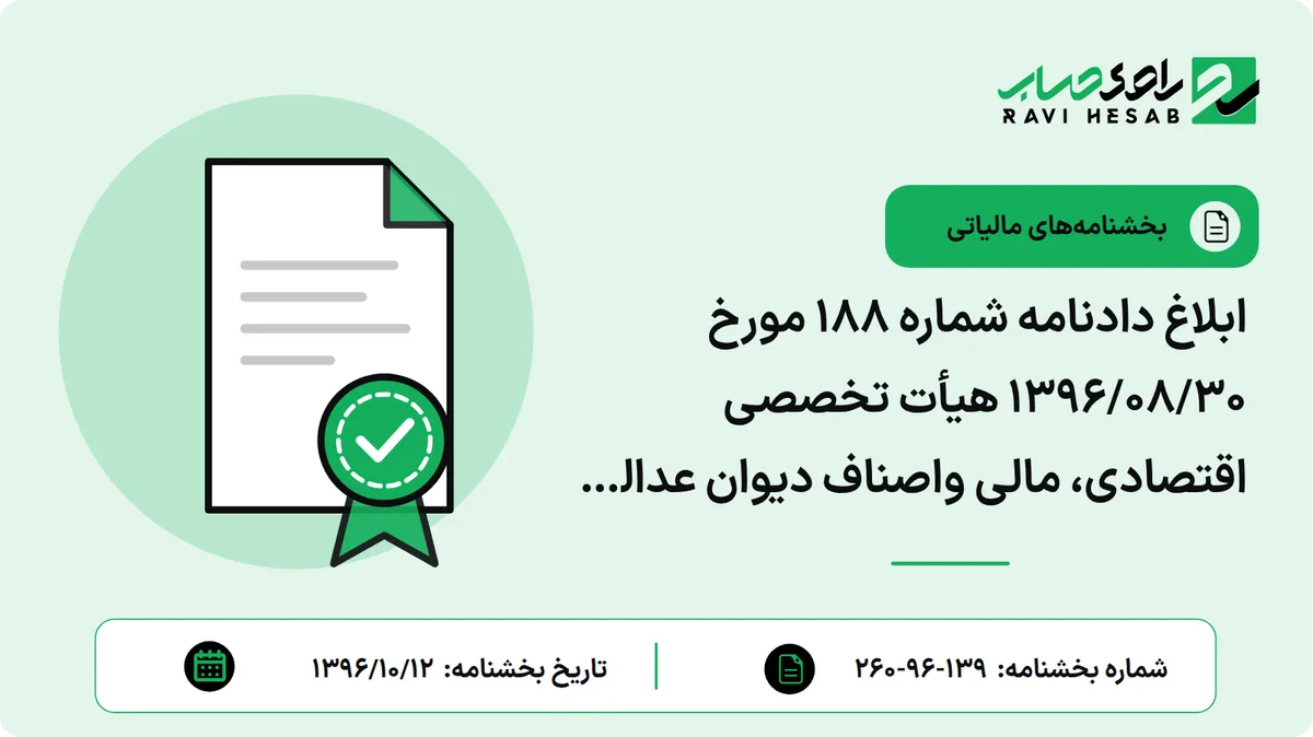 ابلاغ دادنامه شماره 188 مورخ 1396/08/30 هیأت تخصصی اقتصادی، مالی واصناف دیوان عدالت اداری در خصوص ابطال تصمیم شماره 4132/267/ص مورخ 1391/05/03دفتر فنی و اعتراضات مودیان و نامه شماره 6400 مورخ 1394/06/17 اداره امور مالیاتی شهرستان مراغه