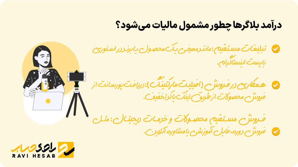 منابع درآمد بلاگرها شامل تبلیغات، همکاری در فروش و فروش محصولات دیجیتال و مشمولیت آن‌ها در مالیات